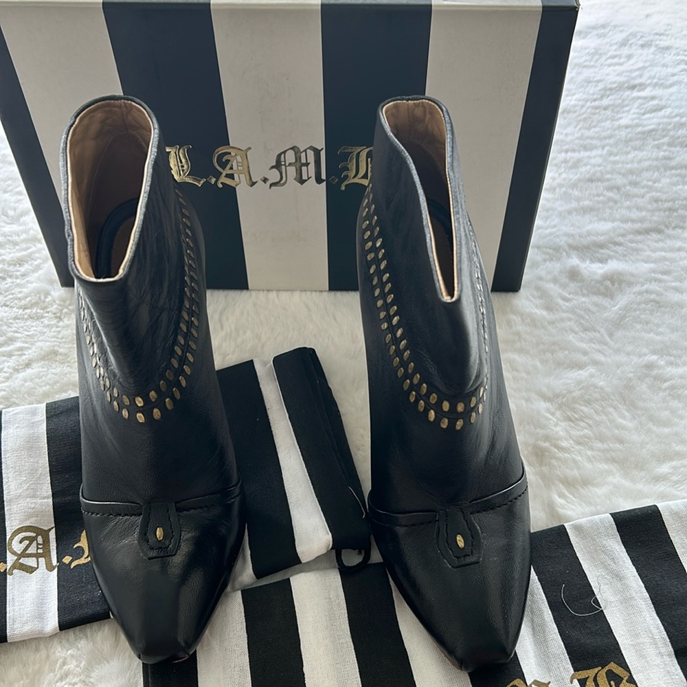 L.A.M.B Jaycee Black leather gold studded stiletto leather booties 7.5